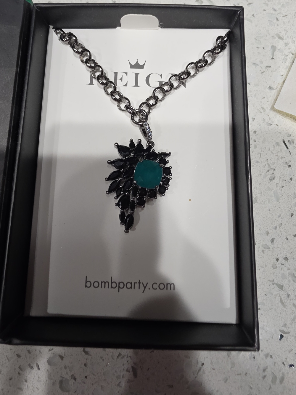 bp Black and Teal Crystal Drop Pendant Necklace